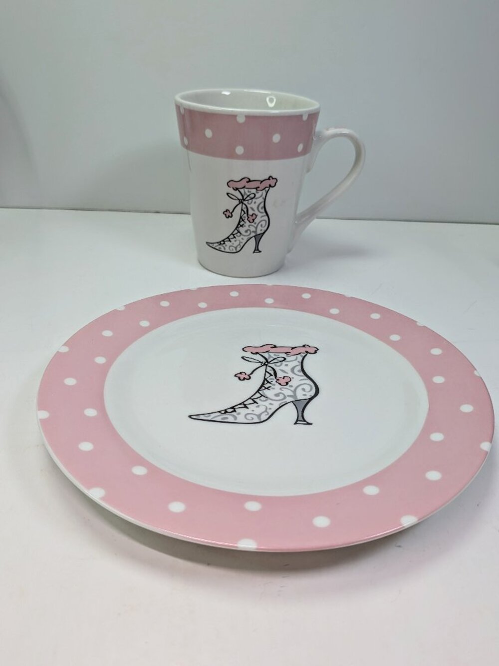 VTG WCL Whimsical Pink Polka Dot Victorian High Heel Shoe Mug & Dessert Plate